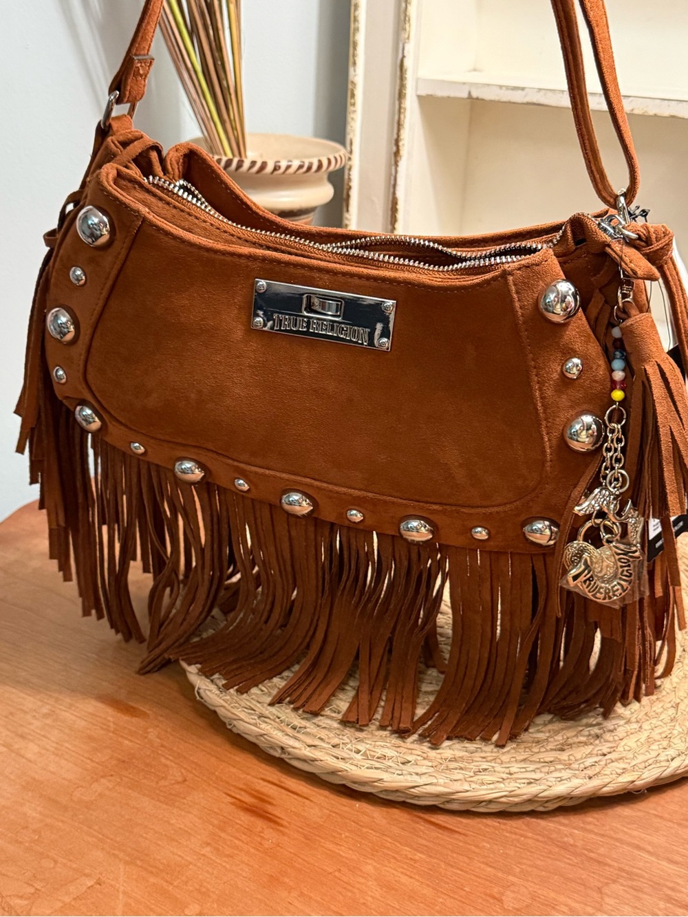 True Religion Rust Brown Suede Fringe Shoulder Bag with Studs
